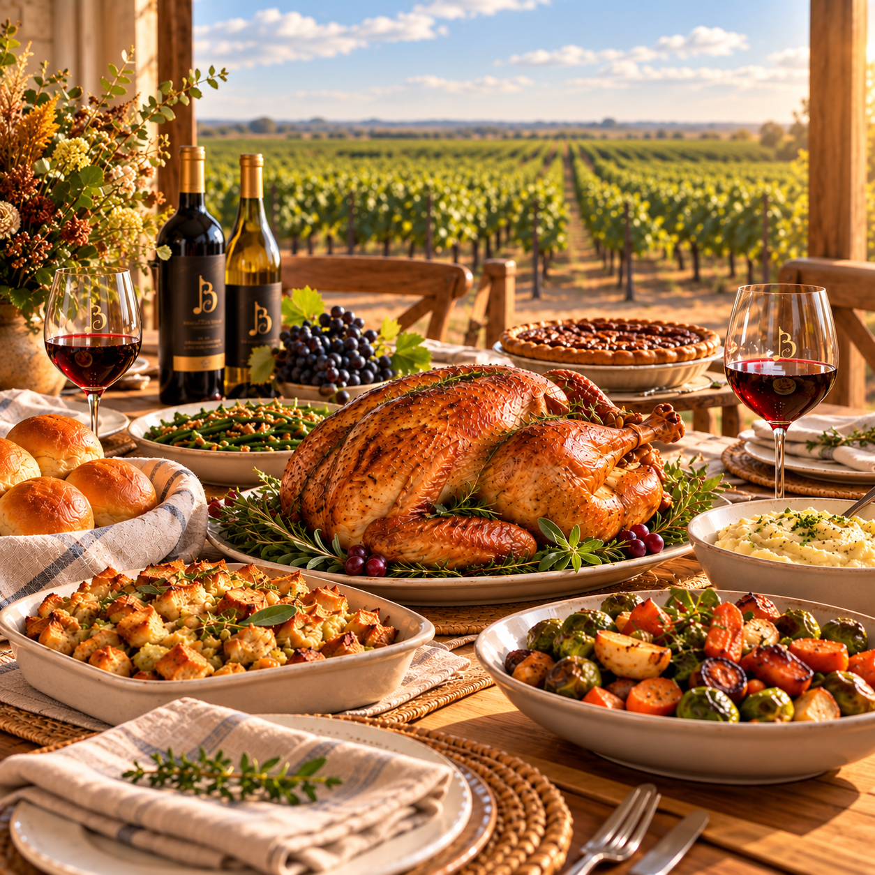 Thanksgiving table with roasted turkey, side dishes, Bingham Family Vineyards wine, and vineyard rows on the Texas High Plains.