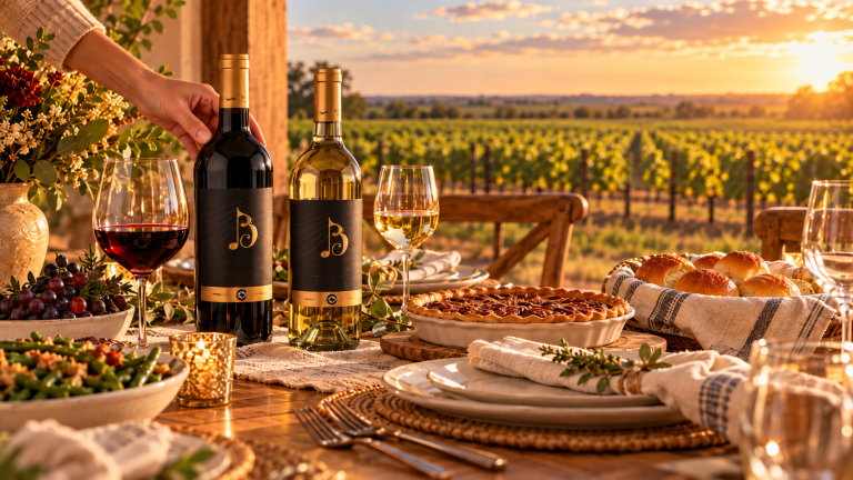 Thanksgiving table being set with Bingham Family Vineyards red and white wines, pie, rolls, grapes, and a Texas High Plains vineyard at sunset.