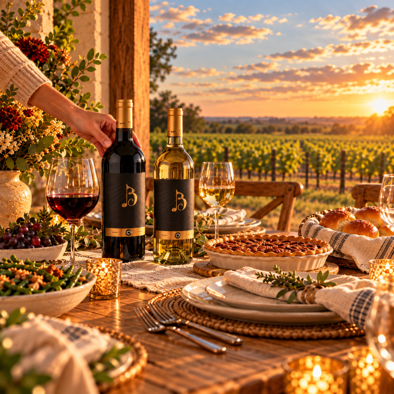 Thanksgiving table being set with Bingham Family Vineyards red and white wines, pie, rolls, grapes, and a Texas High Plains vineyard at sunset.