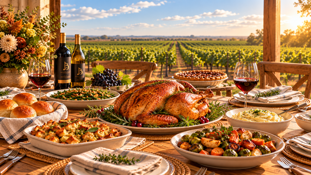 Thanksgiving table with roasted turkey, side dishes, Bingham Family Vineyards wine, and vineyard rows on the Texas High Plains.